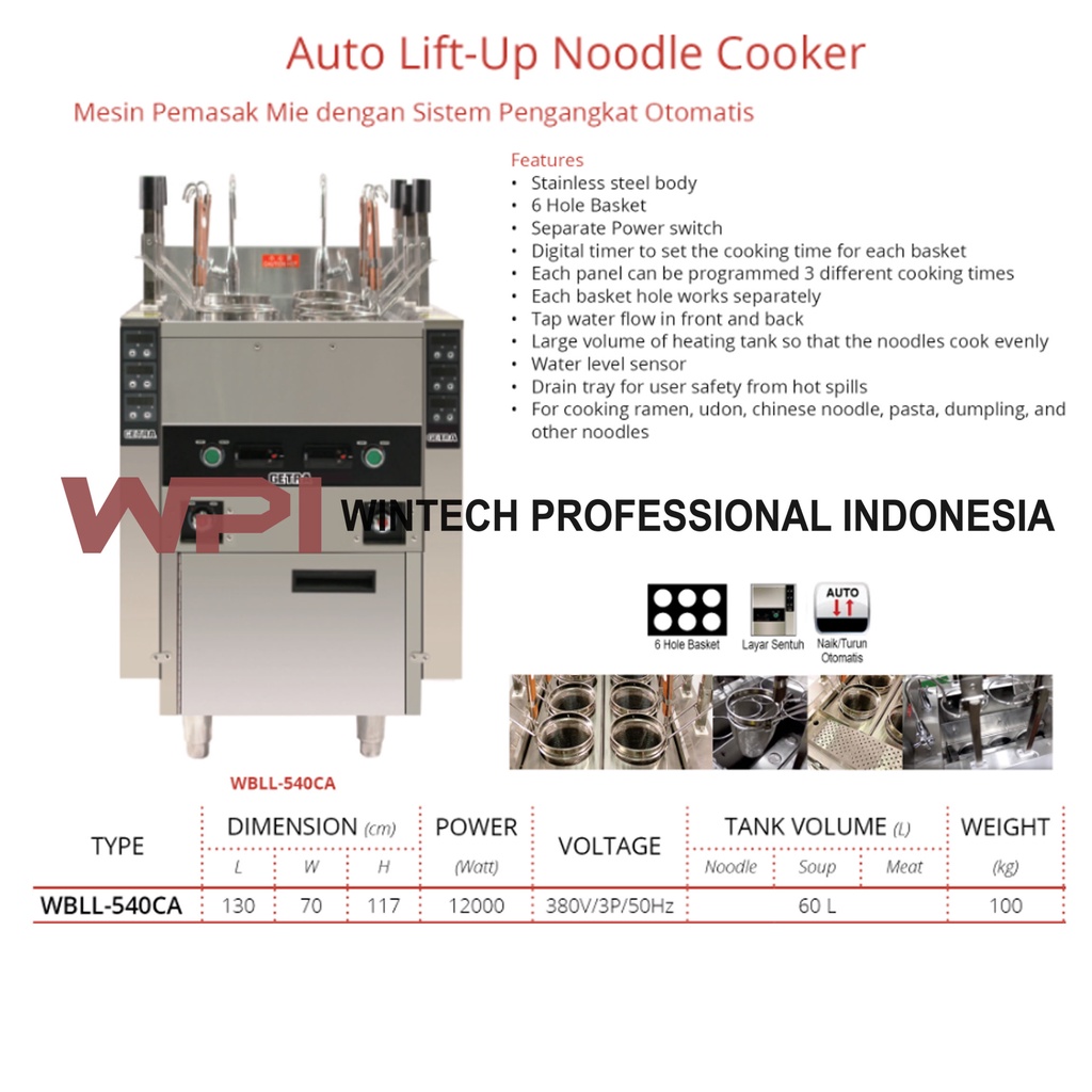 Getra WBLL-540CA Auto Lift Up Noodle Cooker / Mesin Kompor Masak Mie Dengan Sistem Pengangkat Otomat