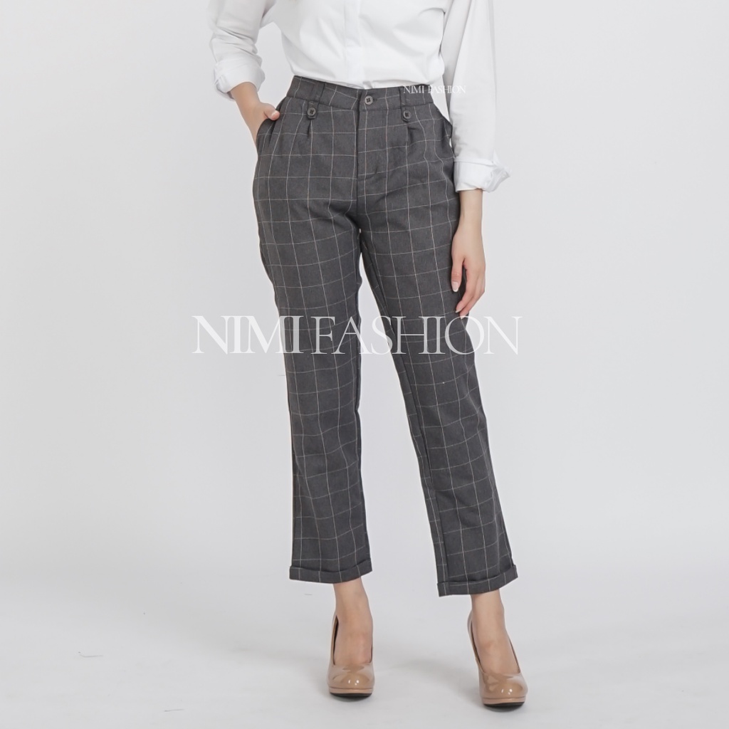 NIMI - Celana Tartan Wanita Bawahan Baggy Pants Kotak Wanita Pinggang Karet