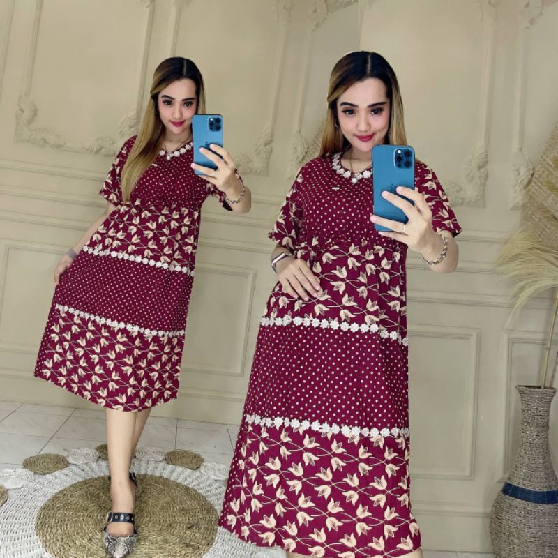 Daster Susun 2 Motif Kekinian Isyana Sarasvati Rayon Resleting Depan Busui Bunga Tulip ft Polkadot