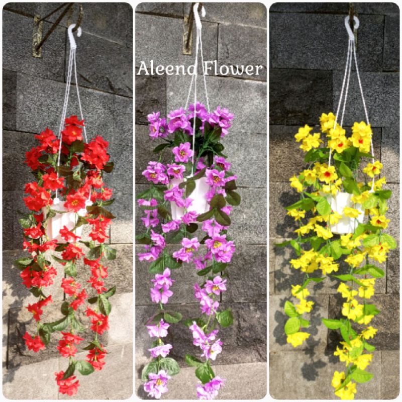 (COD) BUNGA GANTUNG ARTIFICIAL 80 CM + POT GANTUNG DIAMETER 15CM BUNGA RAMBAT ARTIFICIAL  BUNGA GANT