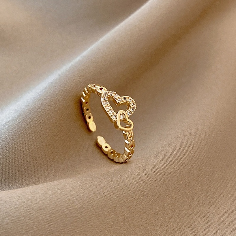 Bentuk Hati Cincin Terbuka Berlian Baja Titanium Emas Kristal Perhiasan Fashion Wanita Rings Adjustable Size