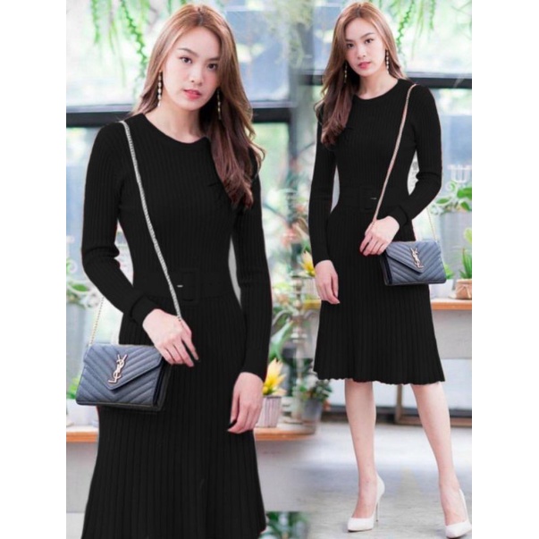 MDLV ~ ARIANA BELT RAJUT (FREE BELT) DRESS RAJUT KOREA TERBARU DRESS RAJUT LENGAN PANJANG WANITA