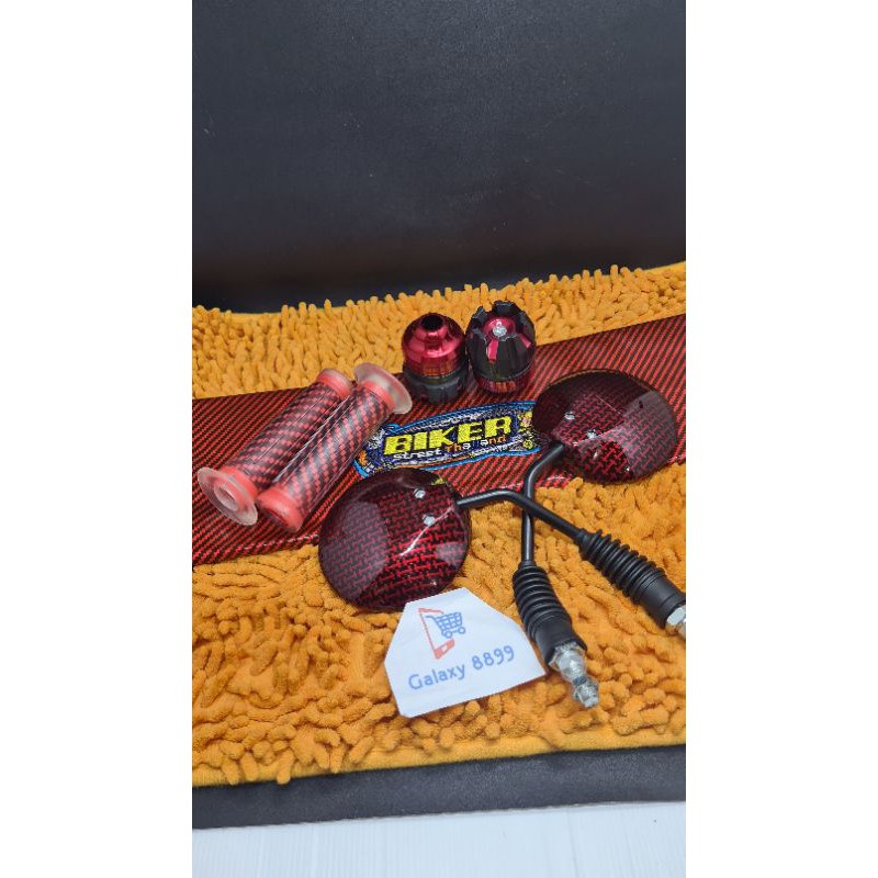 Kulit Jok Karbon Merah+Spion Scoopy Lipat+Jalu As+Handgrip Karbon