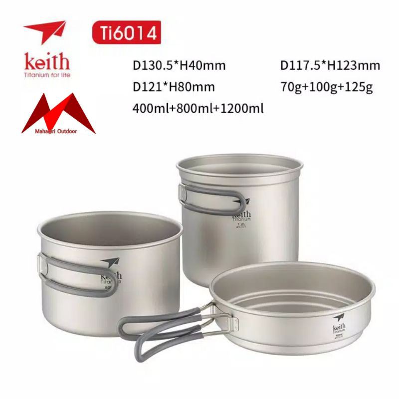 Keith titanium Ti6014 Pot 1200ml 800ml pan 400ml alat masak ultralight camping cooking set