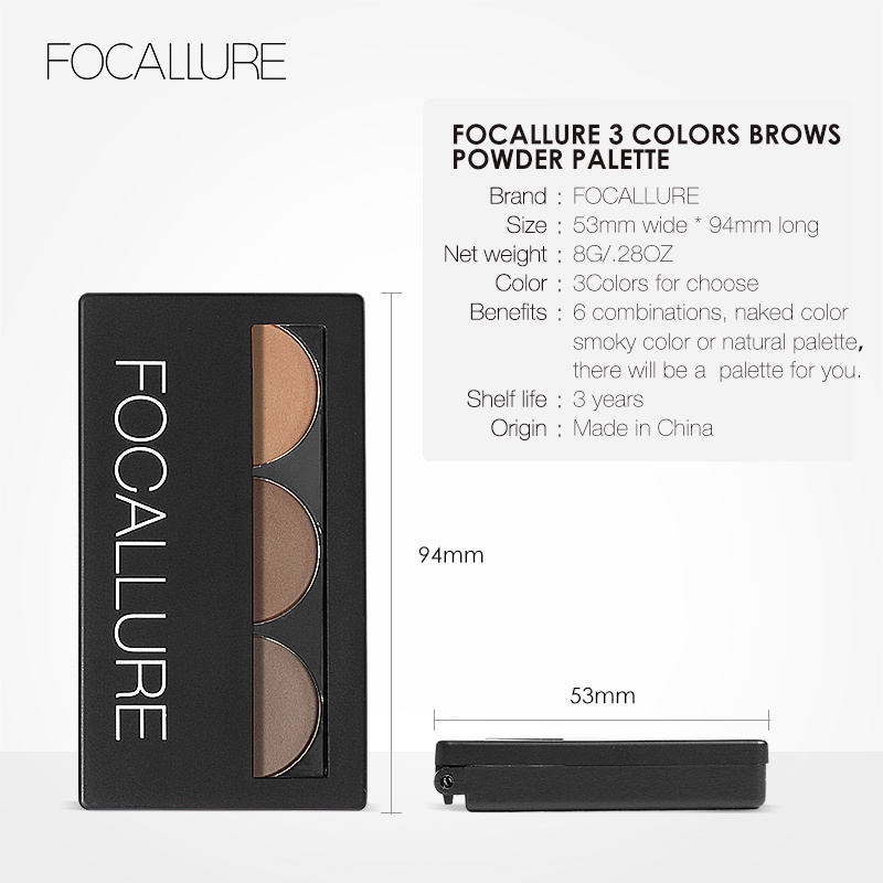 FOCALLURE 3-Warna Eyebrow Powder with Free Brushes (BPOM &amp; 100% ORI )