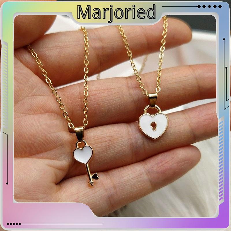 2 Pcs Fashion Wanita Trendi Kunci Liontin Link Rantai Kalung Hati Pasangan Pecinta Kalung-MJD