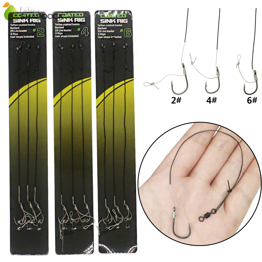 6 X Carp Fishing KD Hair Rigs Hooks Size 4 Barbed With 20lb Braid