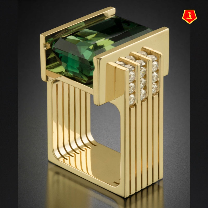 [Ready Stock]Green Square Diamond Ring Gold Fashion Personality