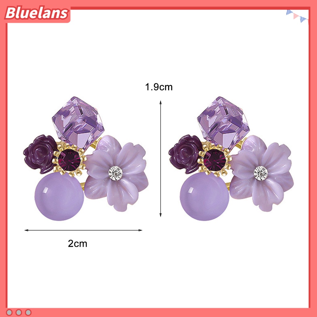 Bluelans 1 Pasang Anting Stud Desain Bunga Ungu Aksen Berlian Imitasi Untuk Wanita