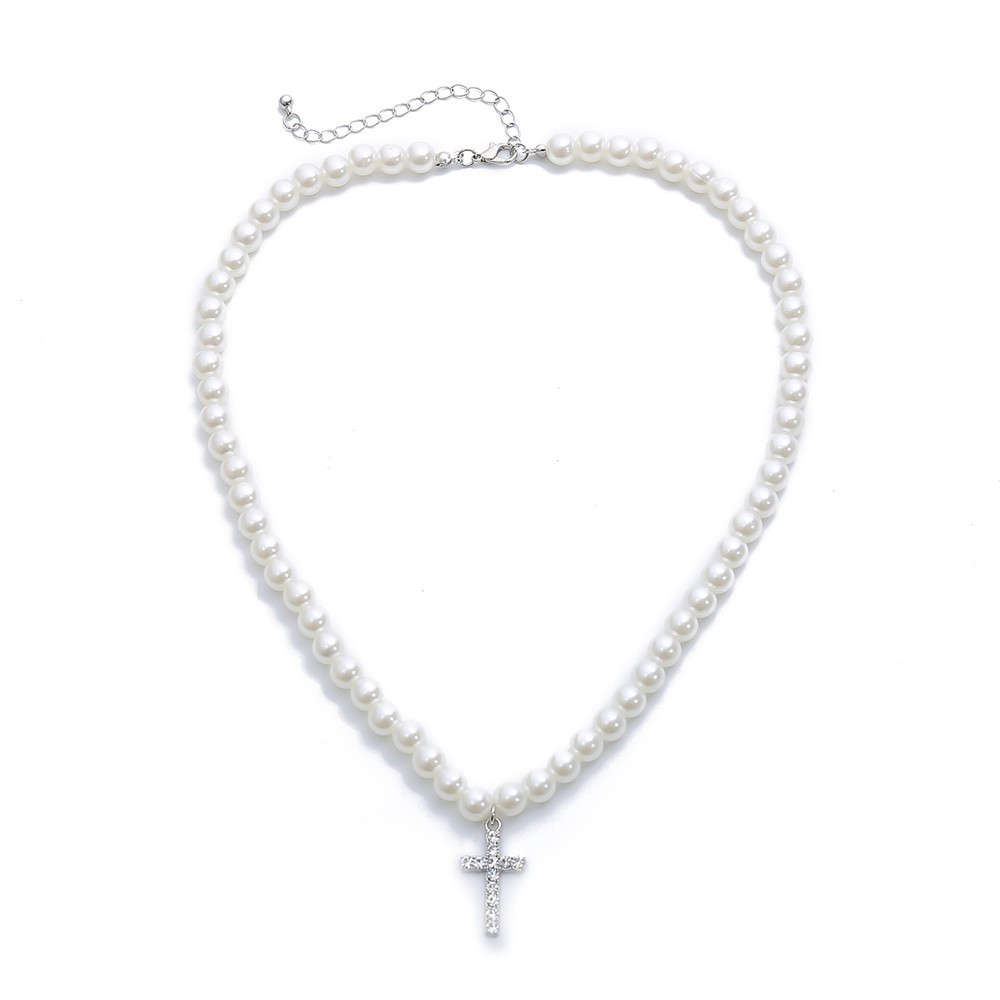 【COD Tangding】Imitation Pearls Chain Vintage Artificial Diamond Cross Pendant Necklace for Women Jewelry Gifts