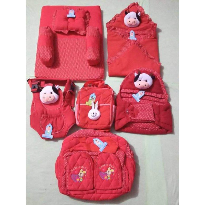 TERMURAH !!! SET PERLENGKAPAN BAYI (PAKET HEMAT 6 IN 1) BONUS 1 SET SARUNG TANGAN KAKI BAYI-Merah