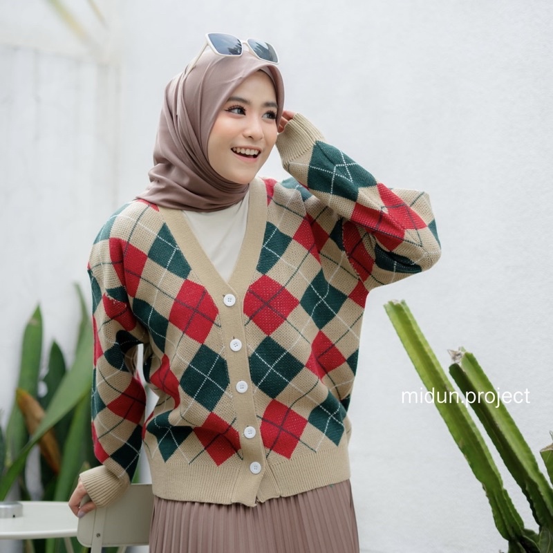 CATRINE CARDY | CARDIGAN MOTIF ALA TAEHYUNG | KNITWEAR MOTIF KOTA KOTAK OVERSIZE