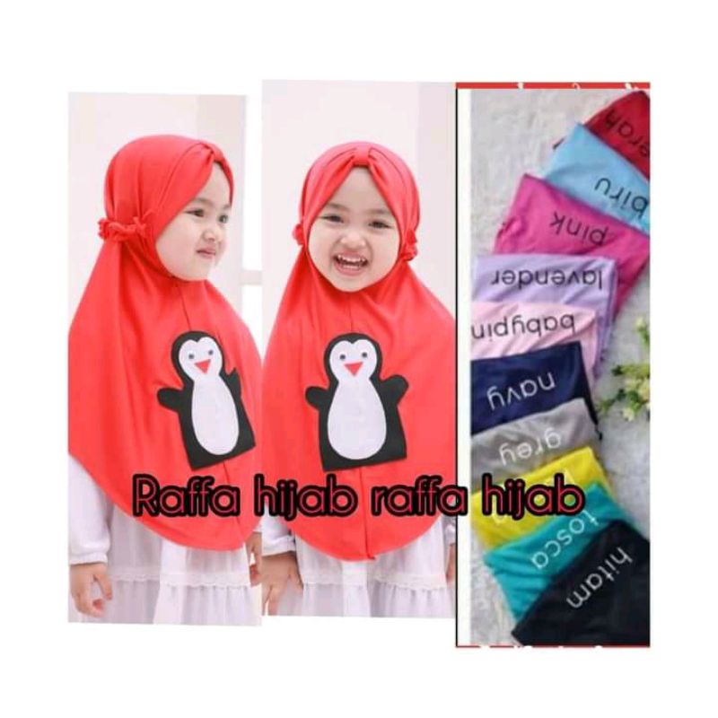 kerudung anak karakter piguin serut poni-jilbab anak tali belakang
