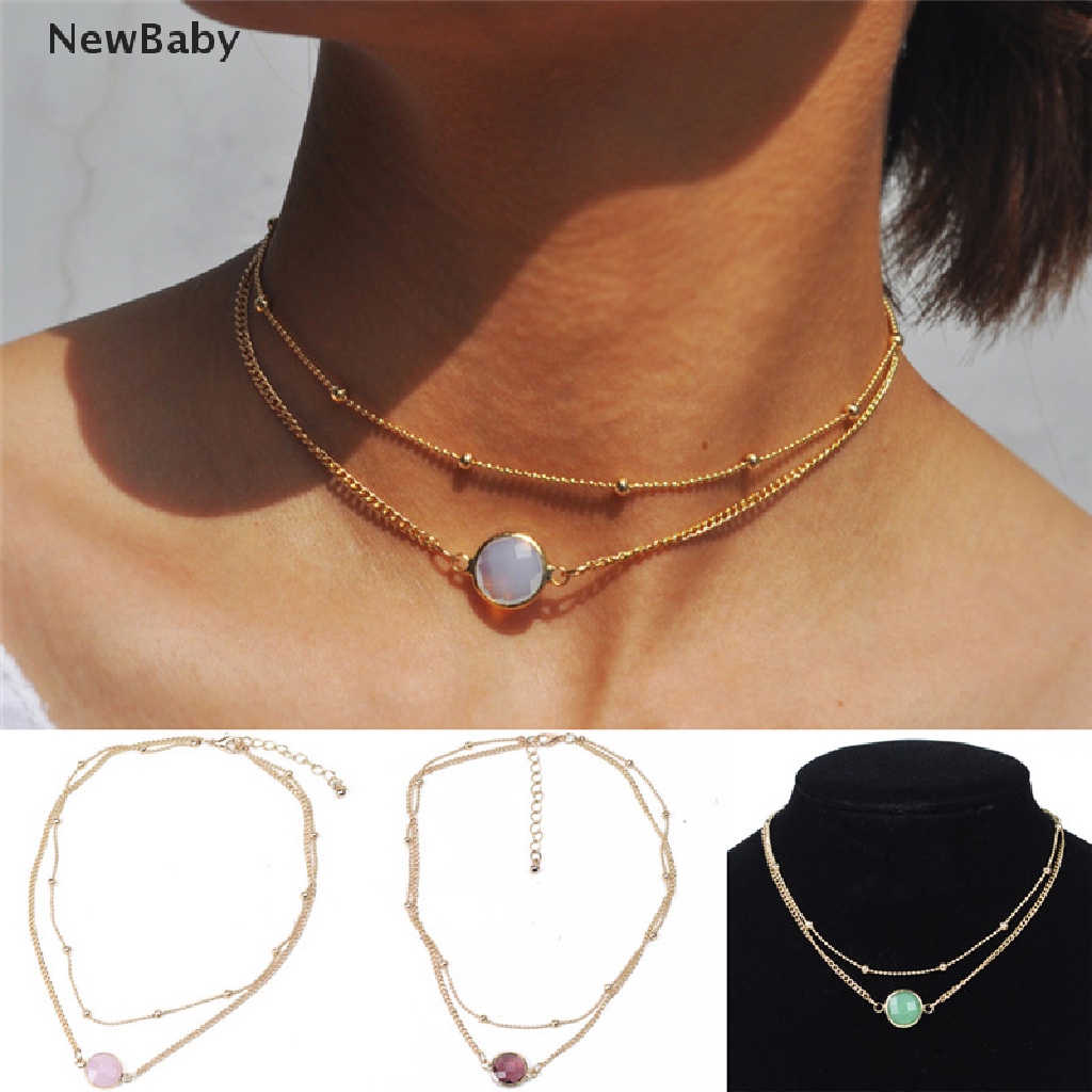 NewBaby Elegant Crystal Pendant Choker Necklace Multi-layer Bead Boho Gold Short Chain Necklace ID