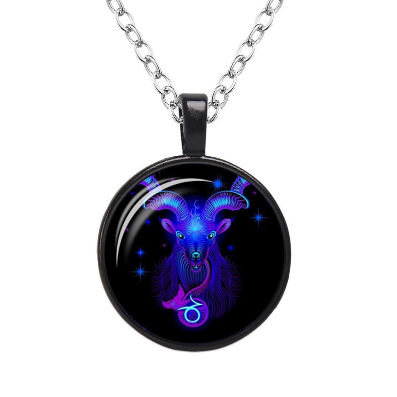 Kalung Rantai Dengan Liontin Kaca 12 Zodiak Untuk Unisex