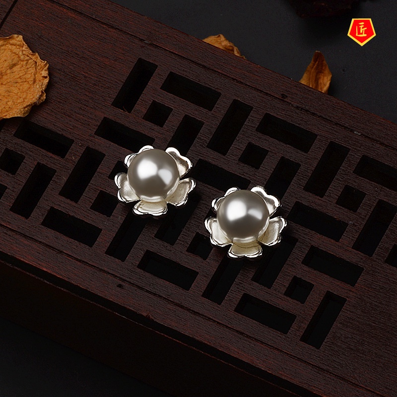 [Ready Stock]Korean Style Elegant Flower Pearl Stud Earrings High-End