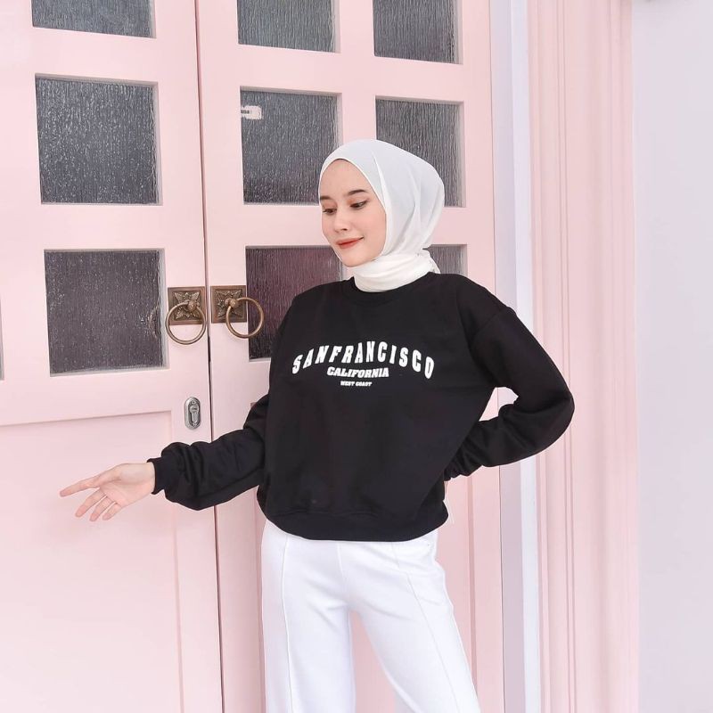 Sweater Crop Sanfransisco - Allsize - Bahan Fleece - Wanita