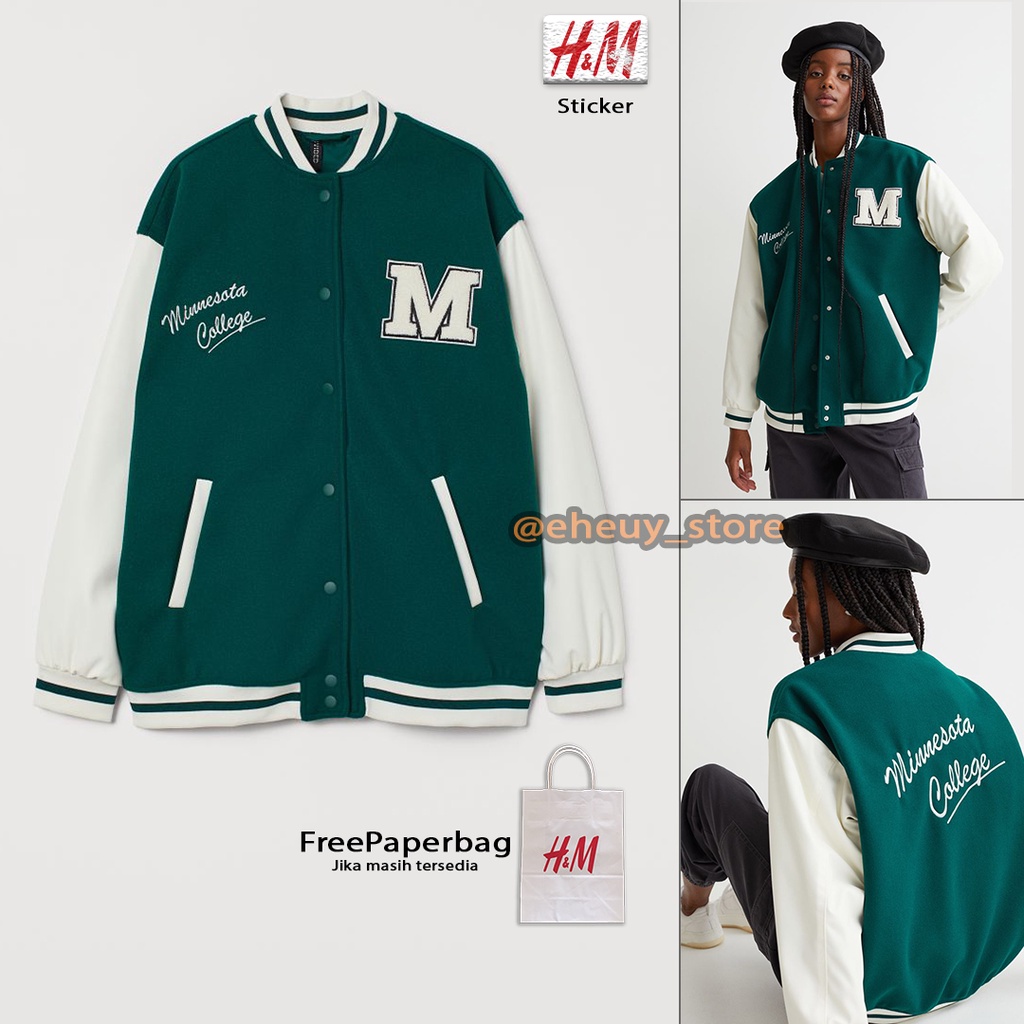 Jual Jaket Baseball H&M Varsity jacket hnm Hijau Lengan Kulit Jacket
