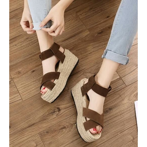 Sandal Wanita Wedges Alona Putih Tinggi 12Cm Sendal Wejes Pesta S SI165 Mr101 Coklat - Cokelat, 37