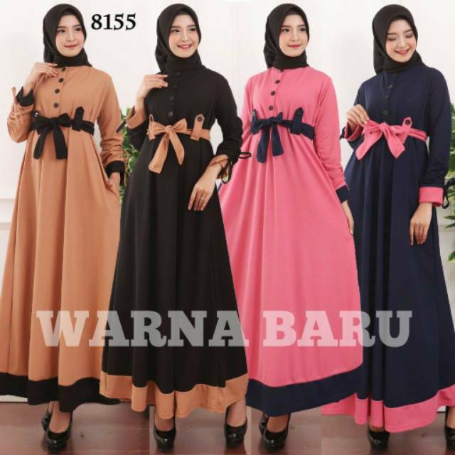 Baju Gamis Wanita Gamis Busui Kancing Ikat Pinggang Pita Bahan Wafer Dress Muslim Syari 8155