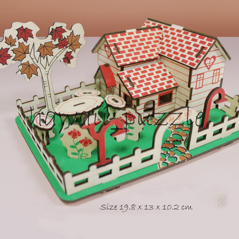 Puzzle 3D DIY bahan kayu model Villa Daun Maple mainan puzzle edukasi anak kado, pajangan