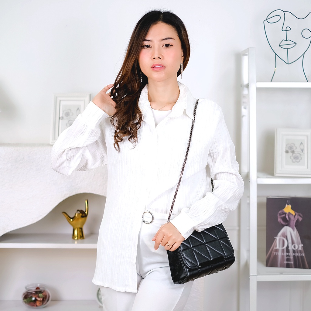 Tq88indonesia Fashion Baju Kemeja Wanita Lengan Panjang Terbaru /  Avera Lady Crush Kem Putih Polos / Hem Cewek / Ootd / Outfit