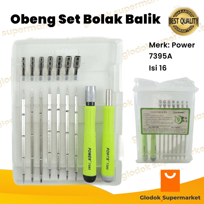 Obeng Set Bolak Balik 16 in 1 Power 7395A 16pcs Screwdriver Magnetic Plus Minus Star Reparasi Tools Jam HP