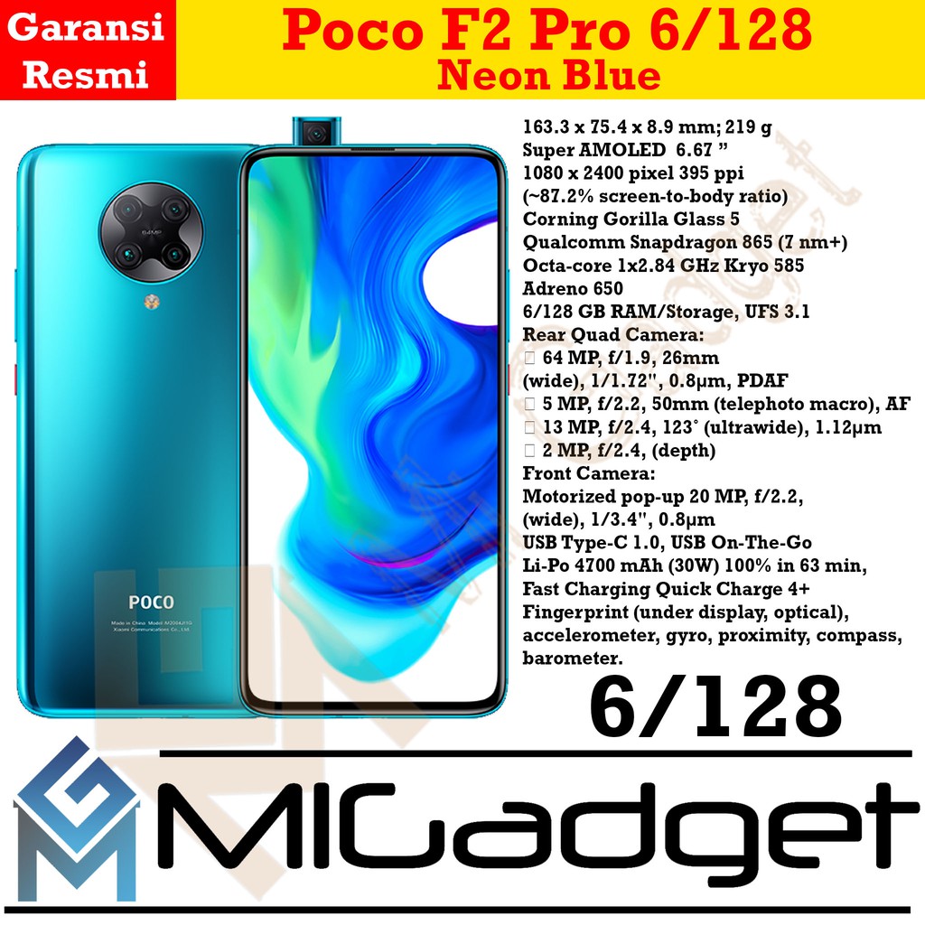 Xiaomi Poco F2 Pro Pocophone F2 Pro 6/128 Garansi Resmi-Neon Blue