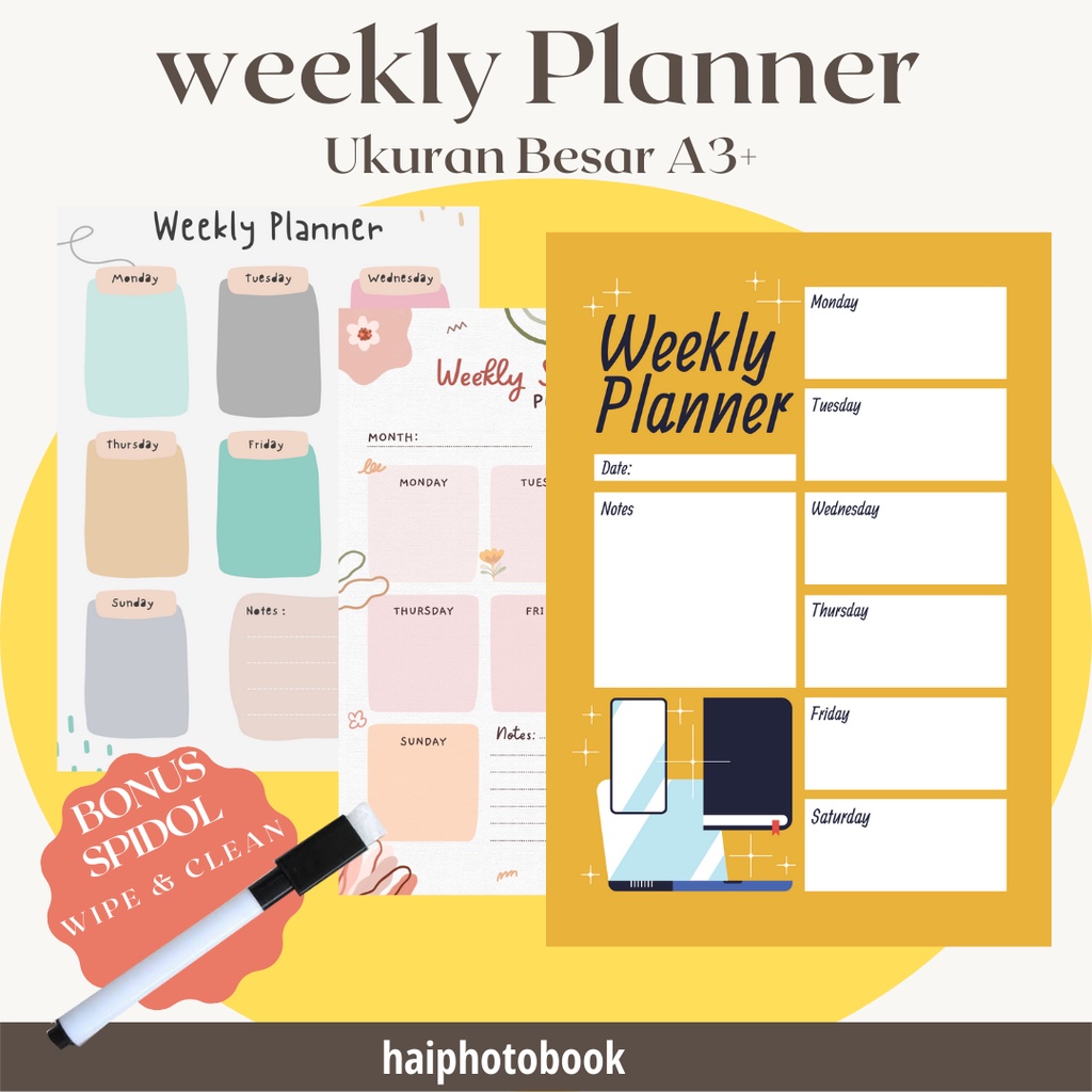 

promo cetak jadwal Weekly schedule planner dinding Uk A3 ( free 1 spidol wipe & clean)