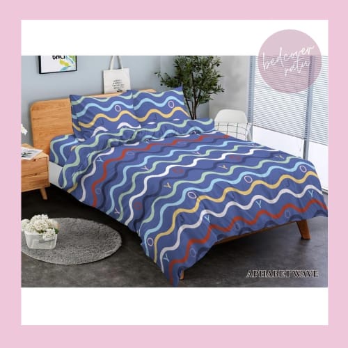BEDCOVER SET DAN SPREI BEDCOVER SET MOTIF ALPHABET WAVE BIRU