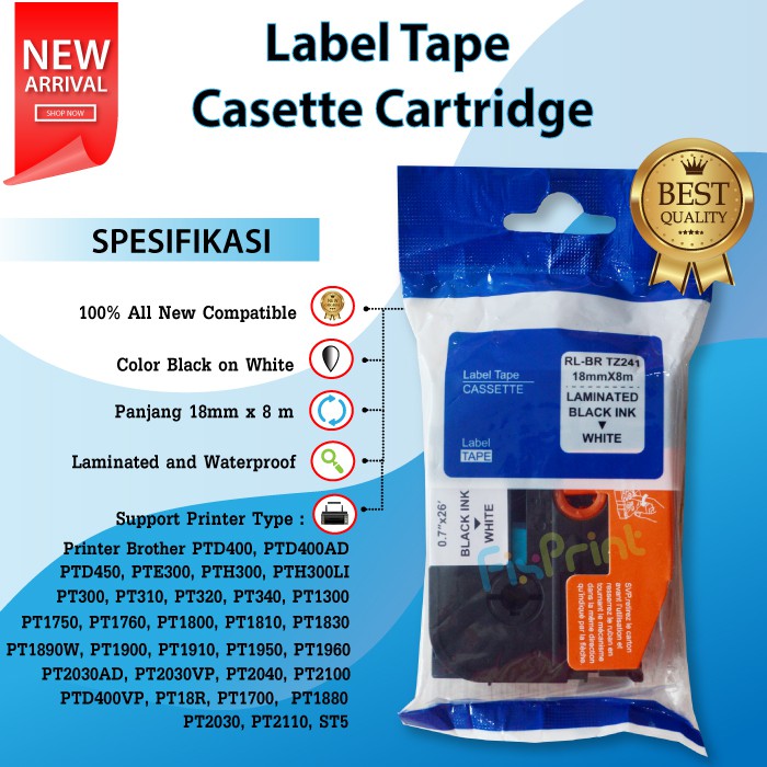 Label Tape Casette Black on White 18mm PTD400 400AD 400VP PTD450 PTE300 PTH300 PTH300LI PT18R 18 mm