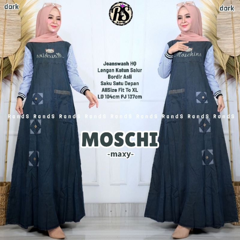 MOSCHI gamis maxy jeans levis wanita TERBARU original bordir panda saku XL LD 104cm lengan rib kerut