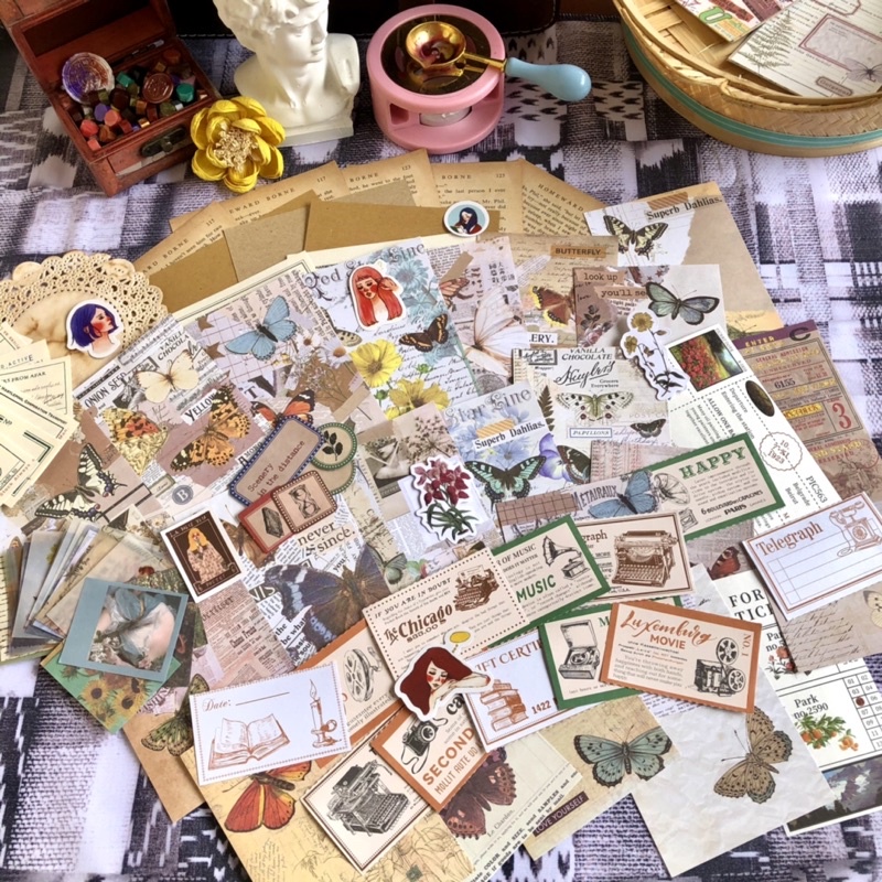 

Vintage Butterfly Old Paper Bundle (95pcs) journaling kit bujo ephemera sticker scrapbook retro lettering notebook binder diary yunani eropa stickynote deco paper murah