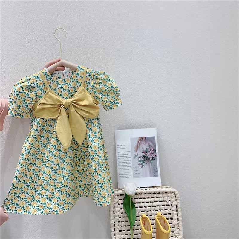 Dress Anak Impor Cute Perempuan Lengan Pendek Motif Pita Kuning Besar