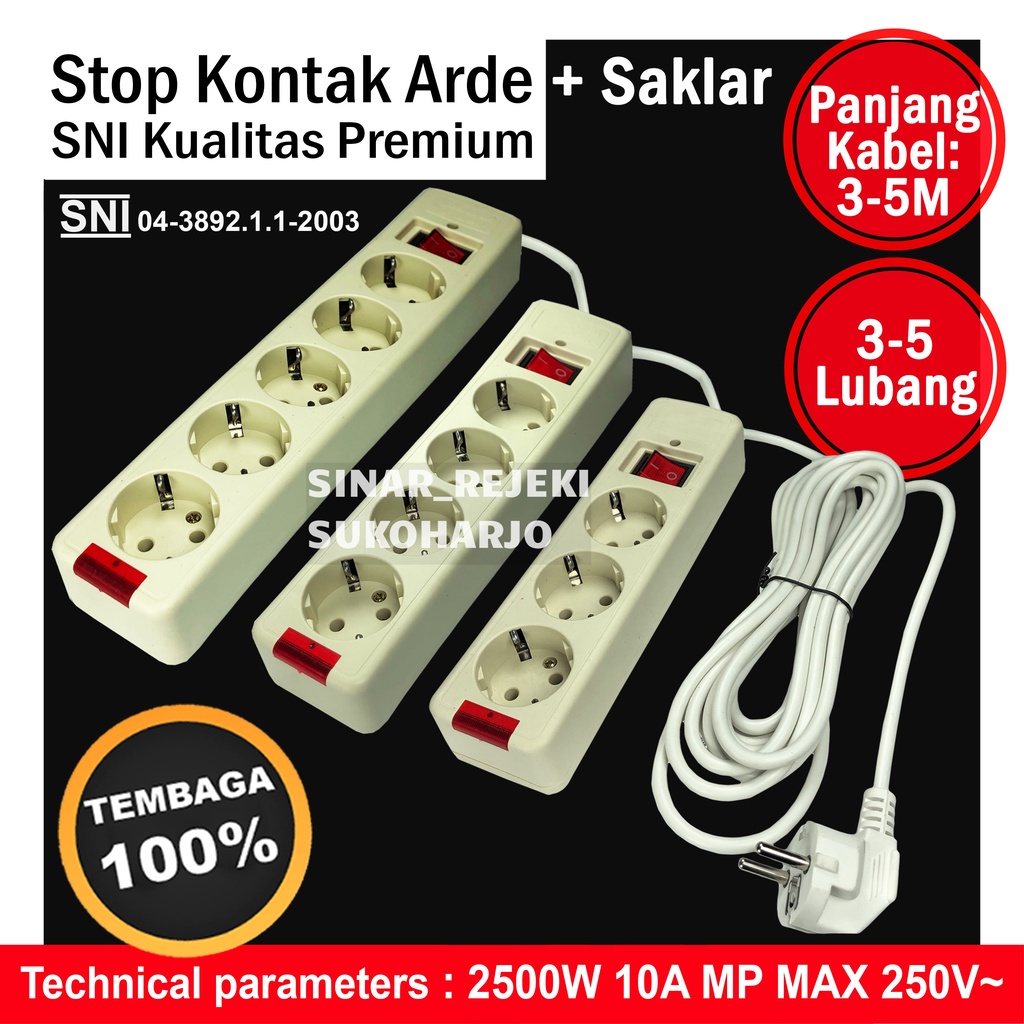 Stop Kontak Arde SNI Colokan Listrik Kuningan 5, 4, 3 Lubang. Stop Kontak Kabel 1,5 - 3 - 5 meter + saklar Tembaga