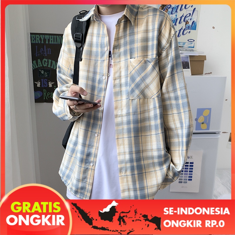 Kemeja Pria Wanita Lengan Panjang Kemeja Kotak-kotak Tren Jaket Casual