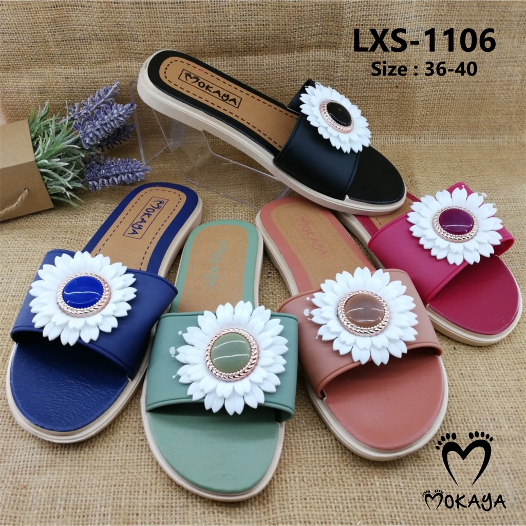 Sandal Slop Wanita Bunga Putih Besar Cantik Elegant Import Mokaya / size 36-40 (LXS 1106)