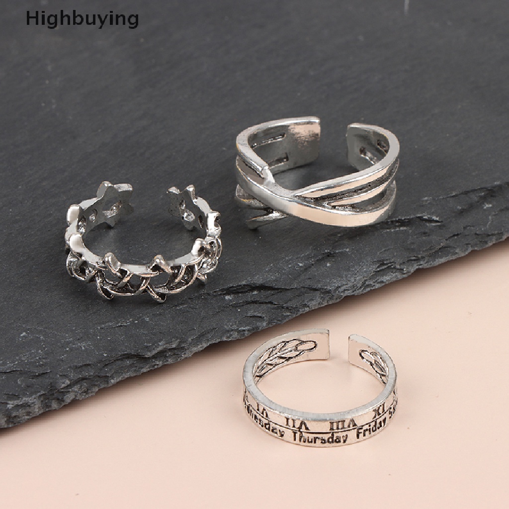 Hbid 3Pcs / set Cincin Terbuka Adjustable Desain Hexagram Angka Romawi Gaya Punk Untuk Pasangan