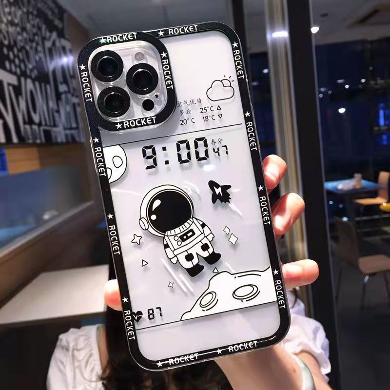 Transparan Hitam dan Putih Pola Astronot Casing Ponsel untuk iPhone 12 13 11 Pro Max X Xs Max Xr 7 8 Plus Casing Silikon Hbyh