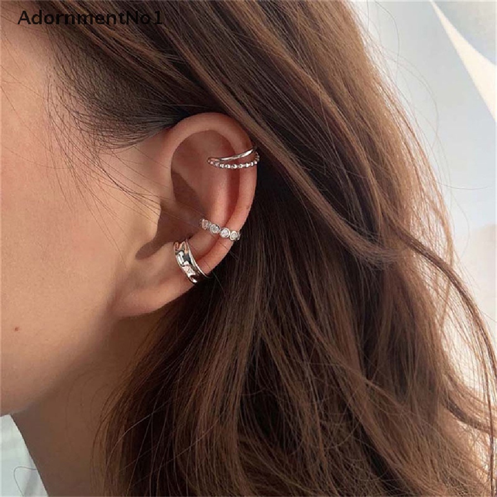 (AdornmentNo1) 3pcs / set Anting Klip / Jepit Bahan Sterling Silver 925 Desain Geometri Hias Zircon Untuk Wanita