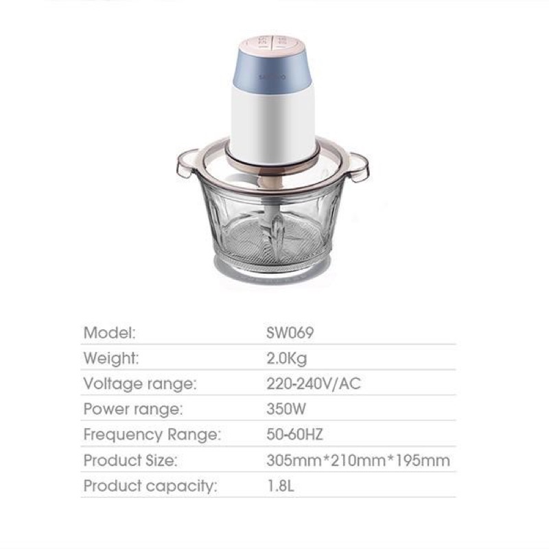 Samono 350W Food Chopper Kaca Blender Multifungsi 1.8L Food Processor Penggiling Daging Sayur 2 Speed  SW069