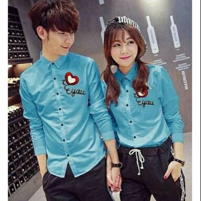 Kemeja couple i love you biru muda spandex korea japan baju pasangan light blue kasual keren santai