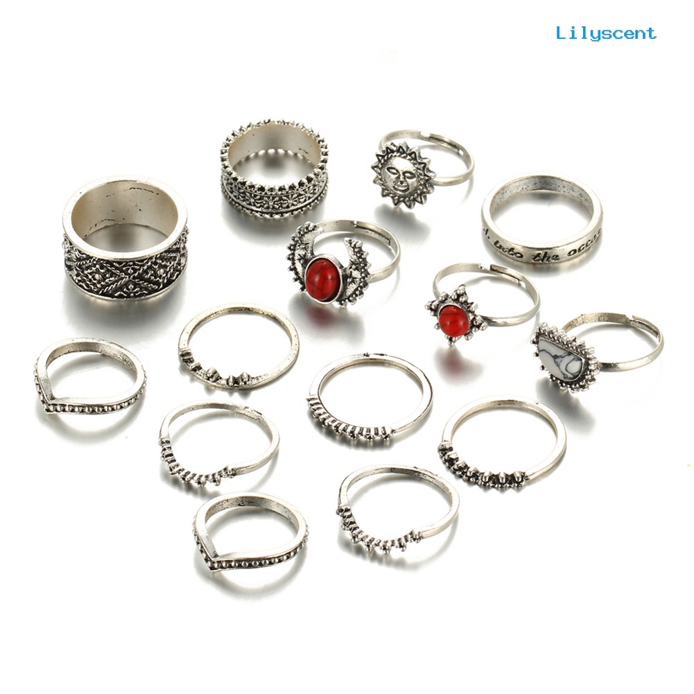 14pcs / Set Cincin Knuckle Midi Gaya Punk Vintage Warna Merah Turquoise Untuk Wanita