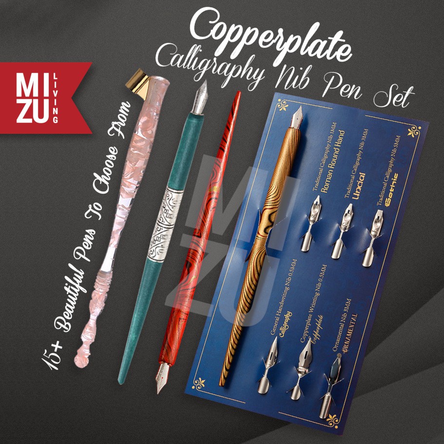 MIZU COPPERPLATE Calligraphy Set Kaligrafi 1 Dip Pen Holder 7 Steel Nibs