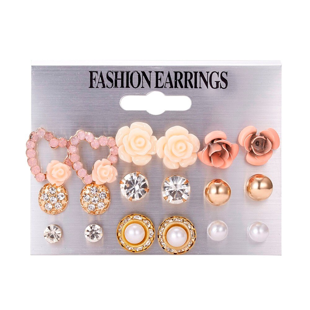 9 Pcs Anting Stud Desain Bunga Aksen Mutiara Berlian Imitasi Untuk Wanita