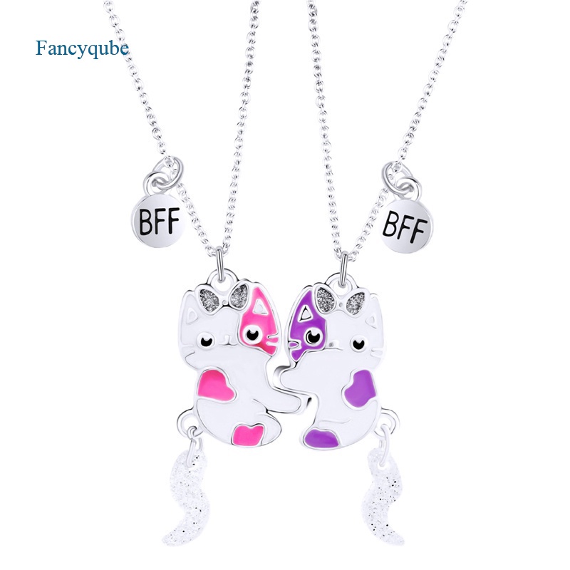 Fancyqube 2pcs / Set Kalung Liontin Bentuk Puzzle Hati Kucing Bahan Stainless Steel Untuk Pria Dan Wanita