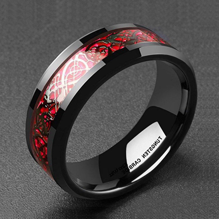 Cincin Poles Baja Titanium Sederhana Untuk Pria Cincin Naga Serat Karbon Merah dan Hijau