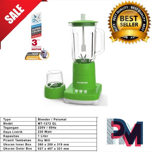 Maspion Blender Pelumat MT-1272 GL Gelas Kaca 2in1 / MT 1272 GL / MT1272GL