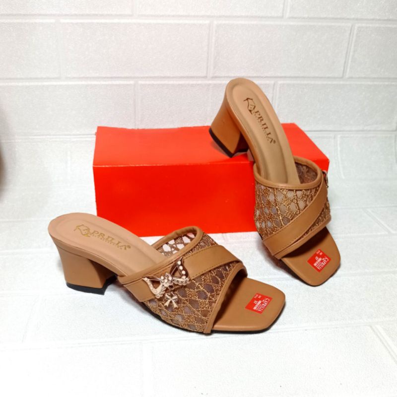 Aprilia sandal brukat wanita hak tahu 5cm/sandal slop slip on anti licin/sendal selop pesta wanita terbaru kekinian/heels brukat pesta