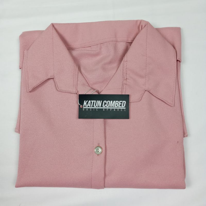 Kemeja Wanita Kombinasi Warna Lengan Panjang Model Korean Style-Pink Baby
